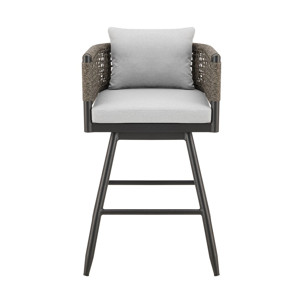30" Black and Light Gray Aluminum Swivel Rope Back Outdoor Bar Height Chair with Footrest. Outdoor bar chair isolated on a plain white background, showing a light gray metal surface.