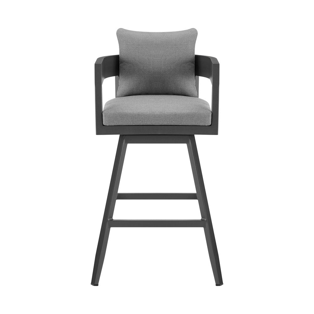 34" Dark Gray Metal Swivel Low back Outdoor Counter Height Bar chair with Footrest. Outdoor bar chair isolated on a plain white background, in a charcoal metal finish.