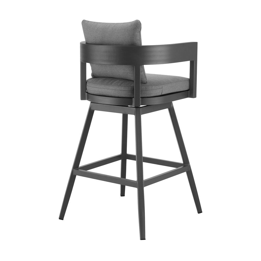 34" Dark Gray Metal Swivel Low back Outdoor Counter Height Bar chair with Footrest. Outdoor bar chair isolated on a plain white background, finished in charcoal metal.