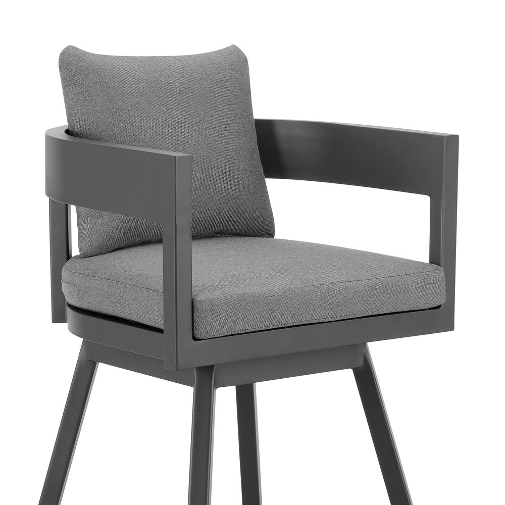 34" Dark Gray Metal Swivel Low back Outdoor Counter Height Bar chair with Footrest. Outdoor bar chair isolated on a plain white background, showing a charcoal metal surface.
