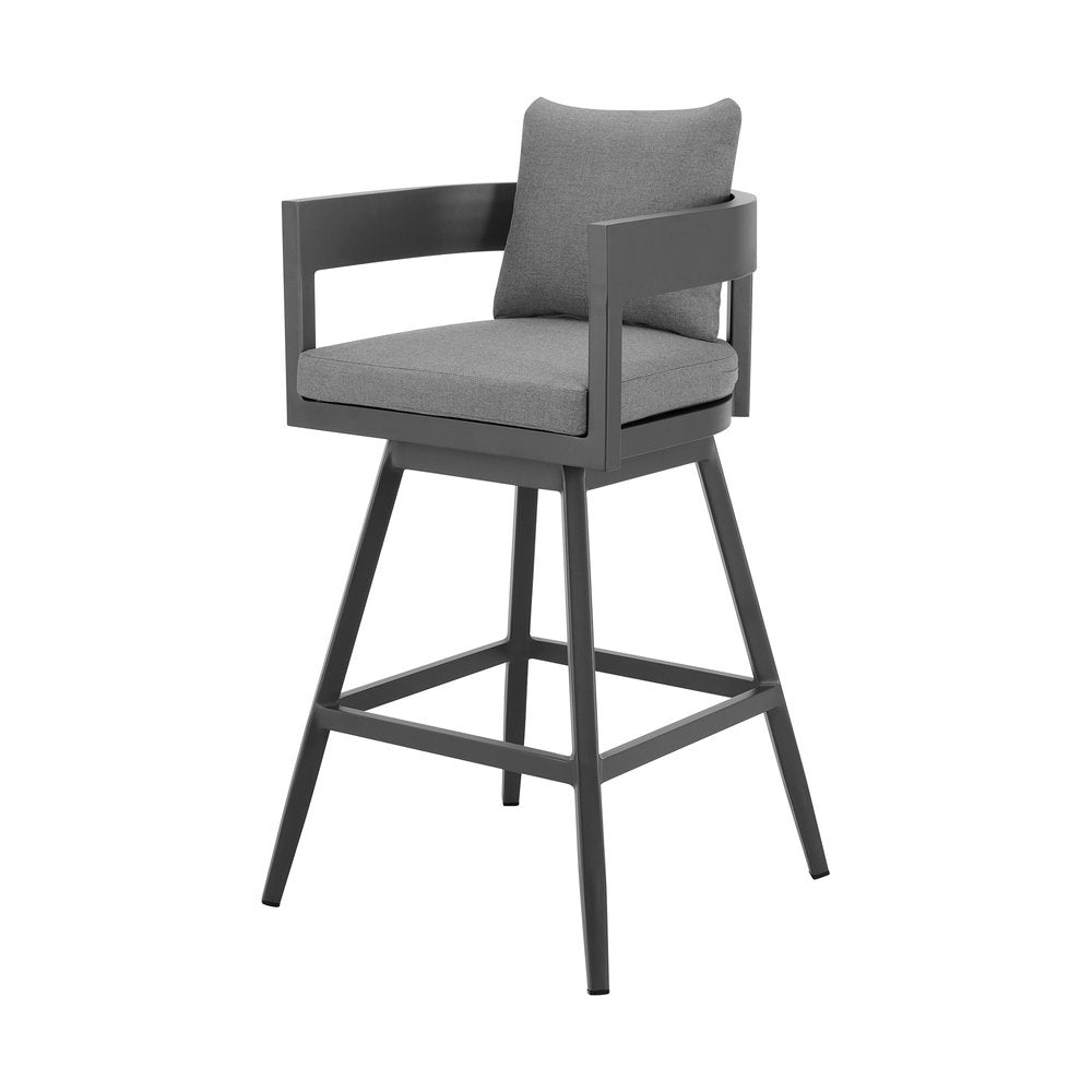 39" Dark Gray Metal Swivel Low back Outdoor Bar Height chair with Footrest. Outdoor bar chair isolated on a plain white background, finished in charcoal metal.