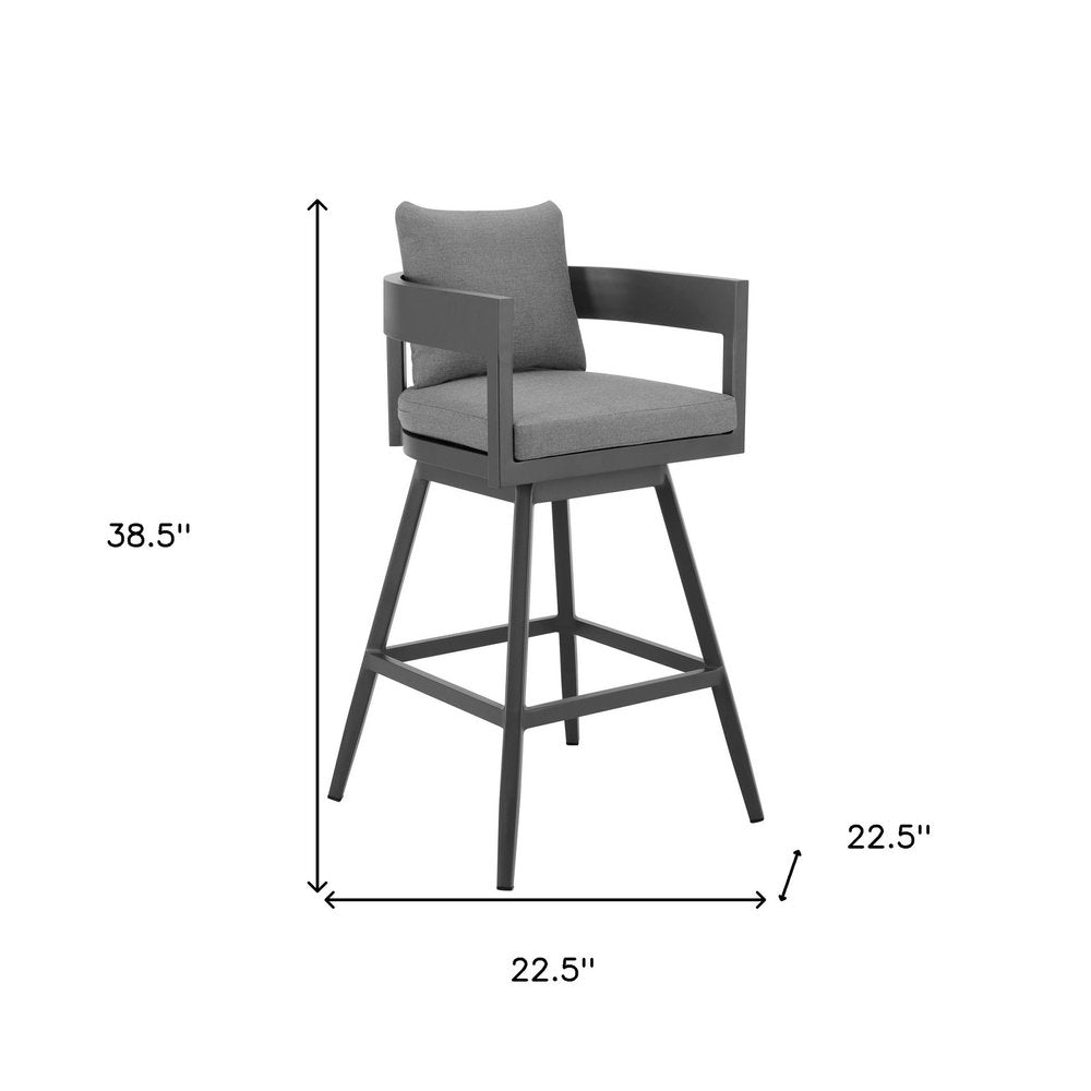39" Dark Gray Metal Swivel Low back Outdoor Bar Height chair with Footrest. Outdoor bar chair isolated on a plain white background, in a charcoal metal finish.