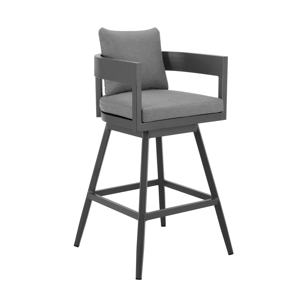 Dark gray metal swivel bar height chair with a low back and gray cushions on a white background.