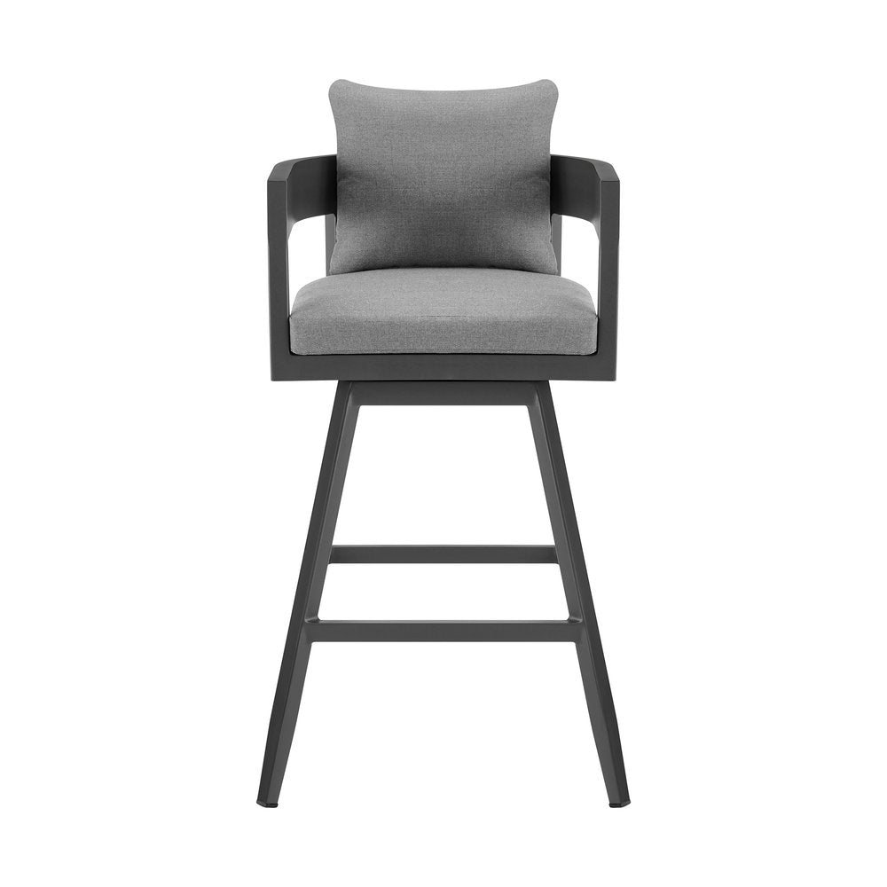 39" Dark Gray Metal Swivel Low back Outdoor Bar Height chair with Footrest. Outdoor bar chair isolated on a plain white background, finished in charcoal metal.
