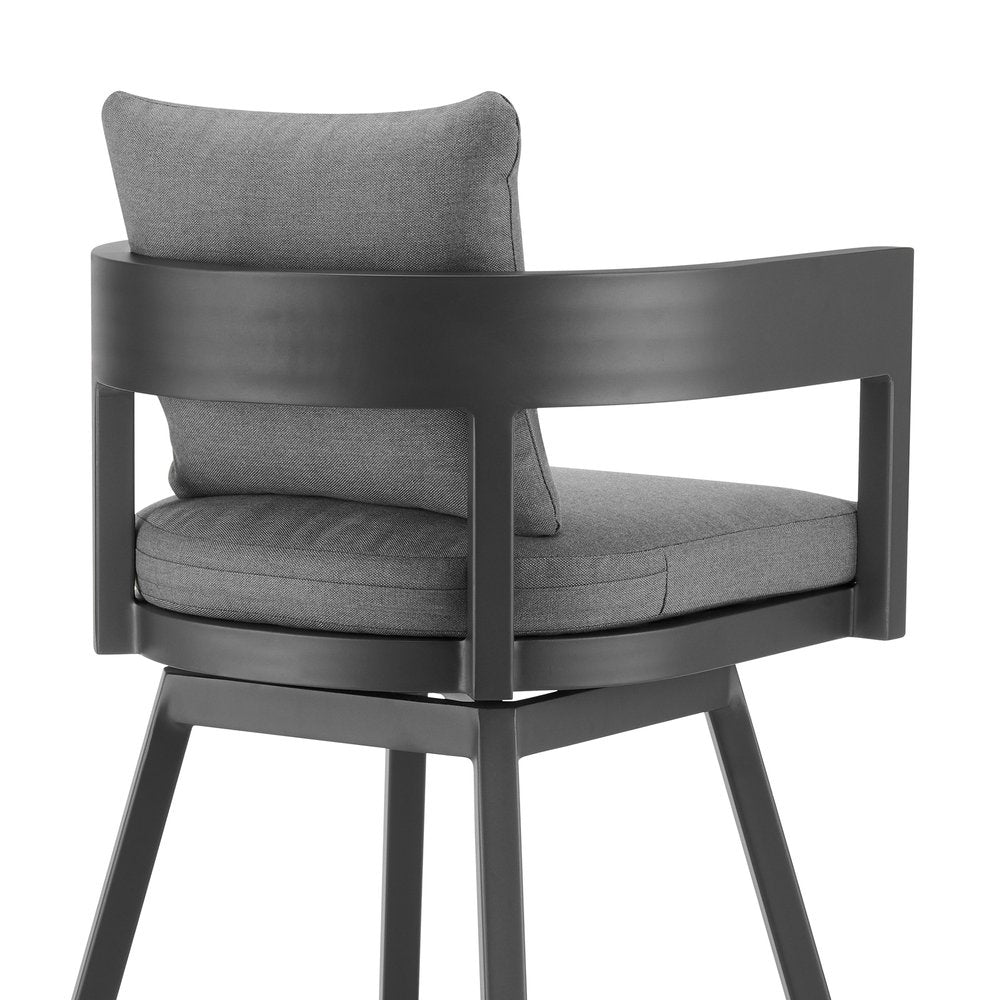 39" Dark Gray Metal Swivel Low back Outdoor Bar Height chair with Footrest. Outdoor bar chair isolated on a plain white background, showing a charcoal metal surface.
