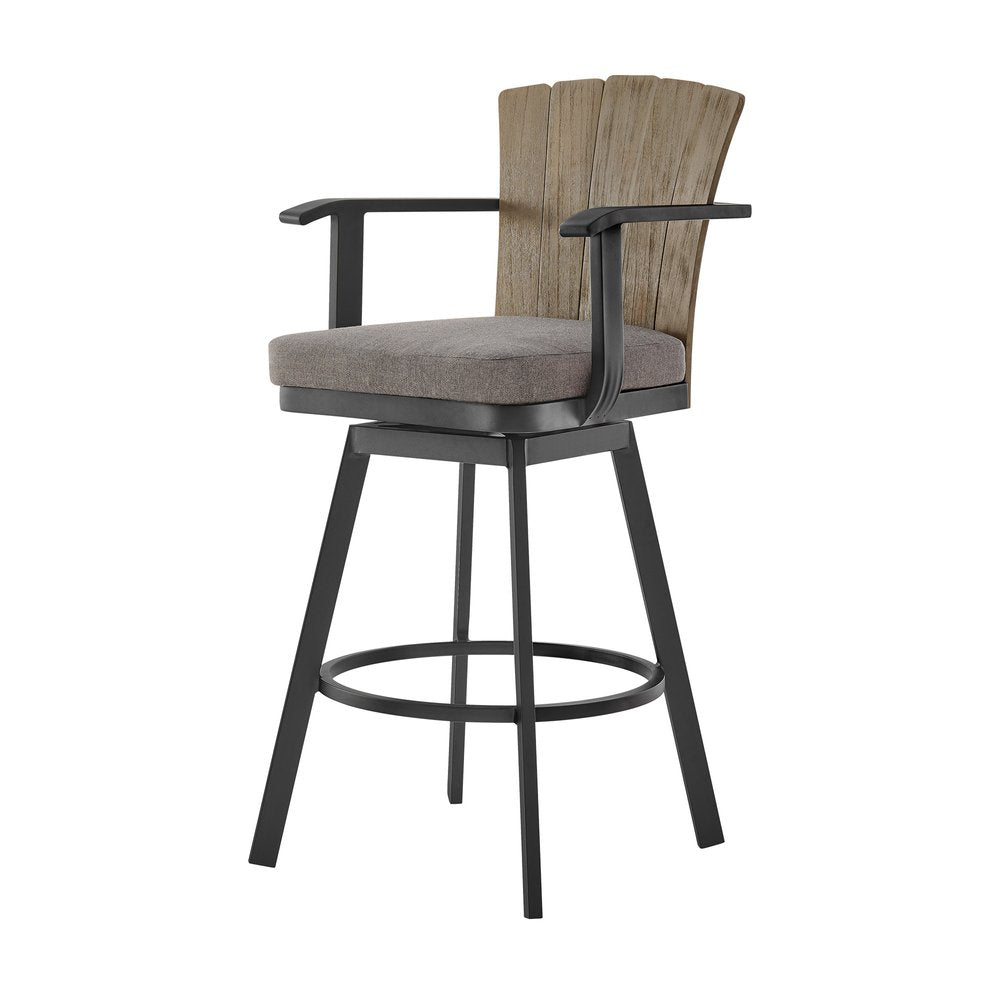 40" Charcoal Metal Swivel Outdoor Counter Height Bar chair with Footrest. Outdoor bar chair isolated on a plain white background, finished in charcoal metal.