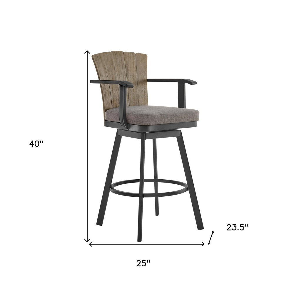 40" Charcoal Metal Swivel Outdoor Counter Height Bar chair with Footrest. Outdoor bar chair isolated on a plain white background, finished in charcoal metal.