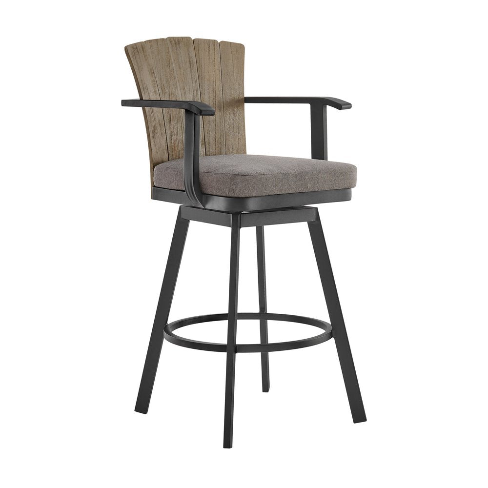 Charcoal metal and wood swivel bar stool with gray upholstered seat and footrest on a white background.