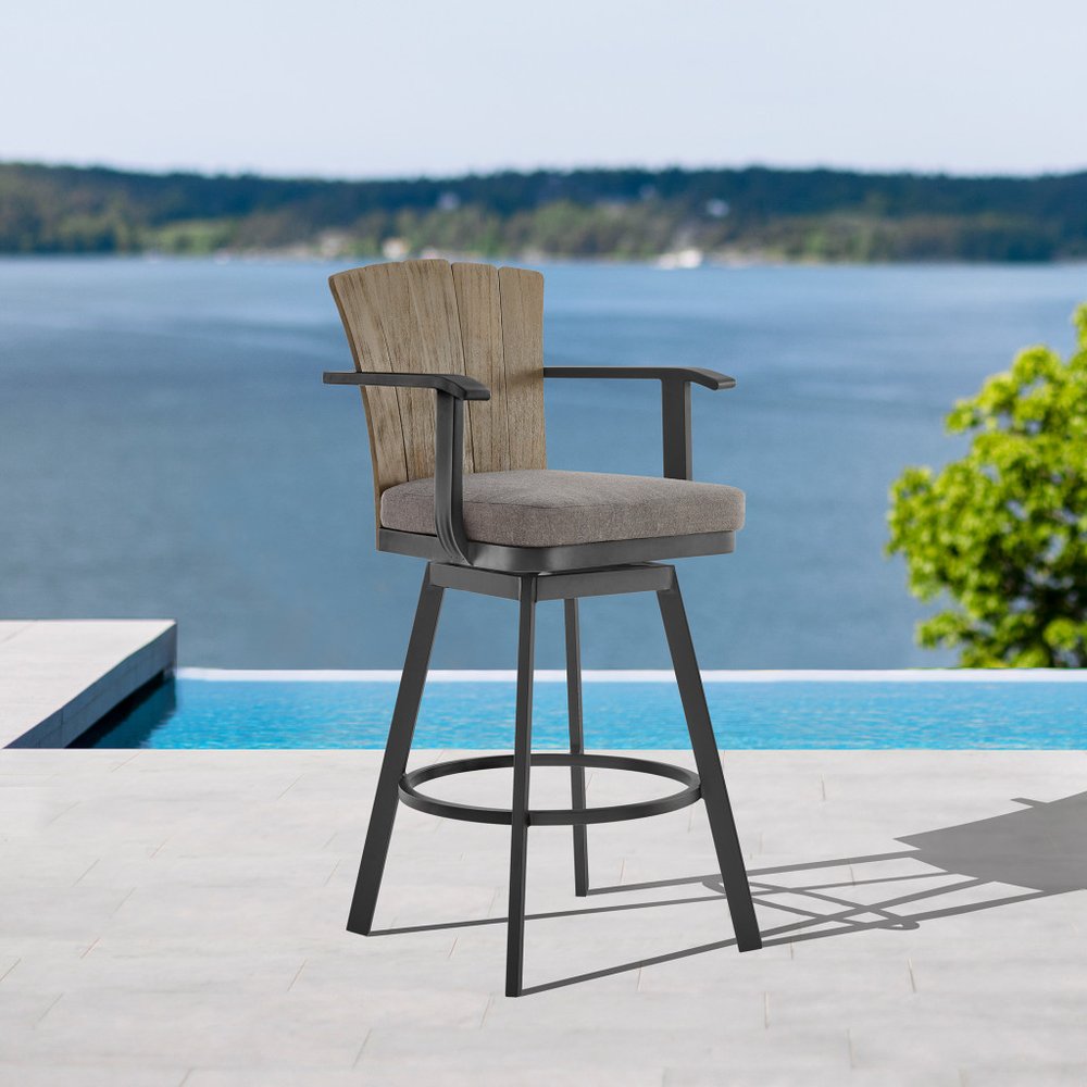 40" Charcoal Metal Swivel Outdoor Counter Height Bar chair with Footrest. Outdoor bar chair isolated on a plain white background, showing a charcoal metal surface.
