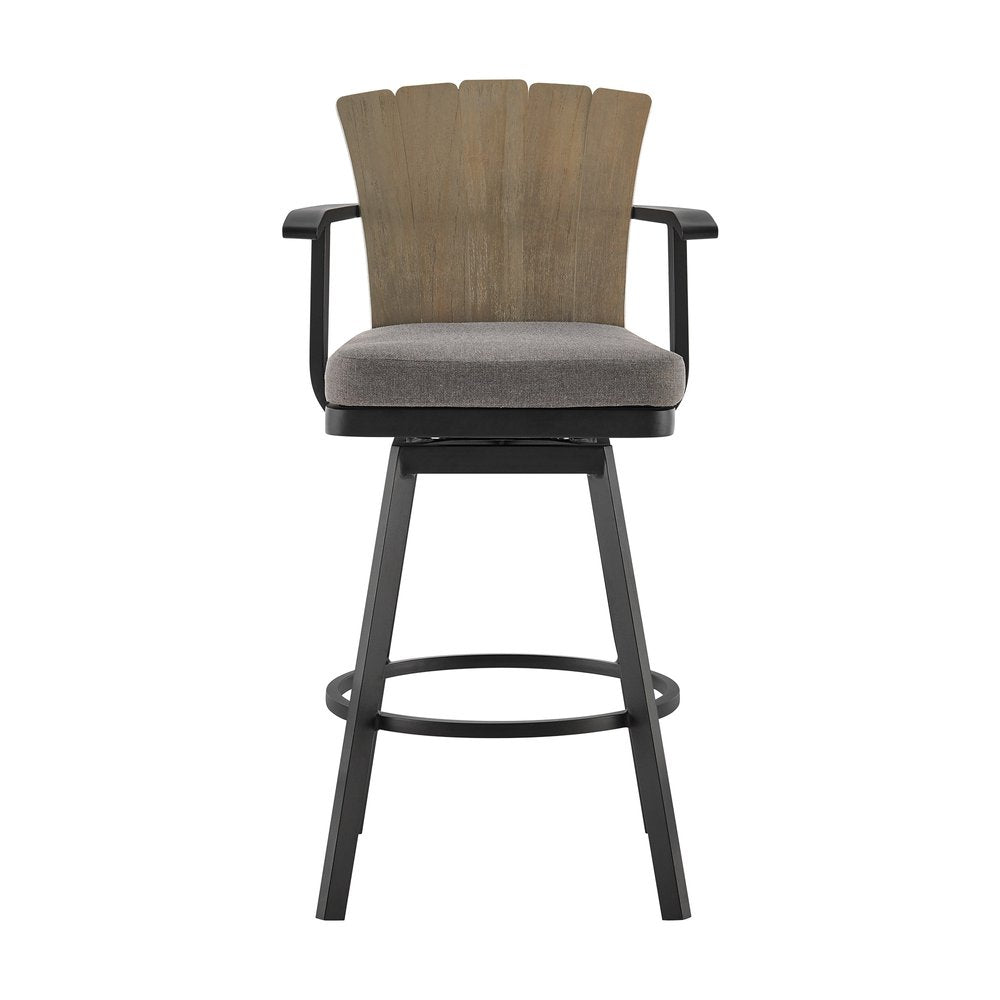 40" Charcoal Metal Swivel Outdoor Counter Height Bar chair with Footrest. Outdoor bar chair isolated on a plain white background, in a charcoal metal finish.