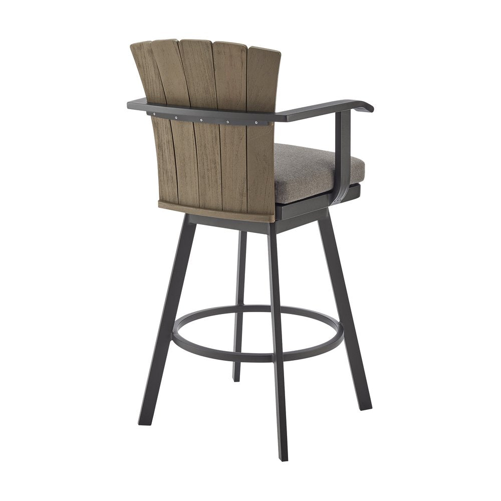 40" Charcoal Metal Swivel Outdoor Counter Height Bar chair with Footrest. Outdoor bar chair isolated on a plain white background, showing a charcoal metal surface.