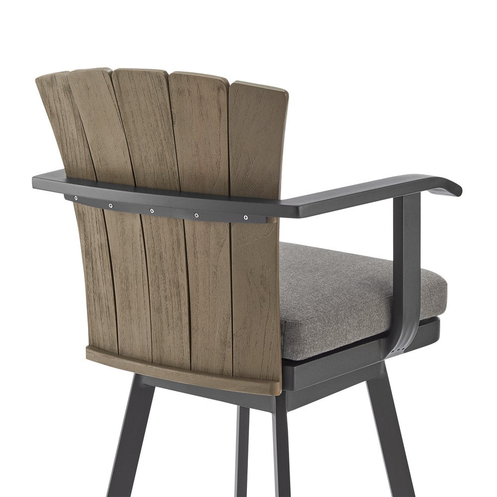 40" Charcoal Metal Swivel Outdoor Counter Height Bar chair with Footrest. Outdoor bar chair isolated on a plain white background, finished in charcoal metal.