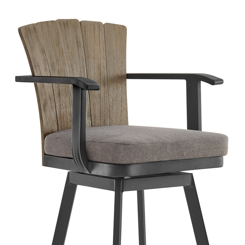 44" Charcoal Metal Swivel Outdoor Bar Height chair with Footrest. Outdoor bar chair isolated on a plain white background, showing a charcoal metal surface.