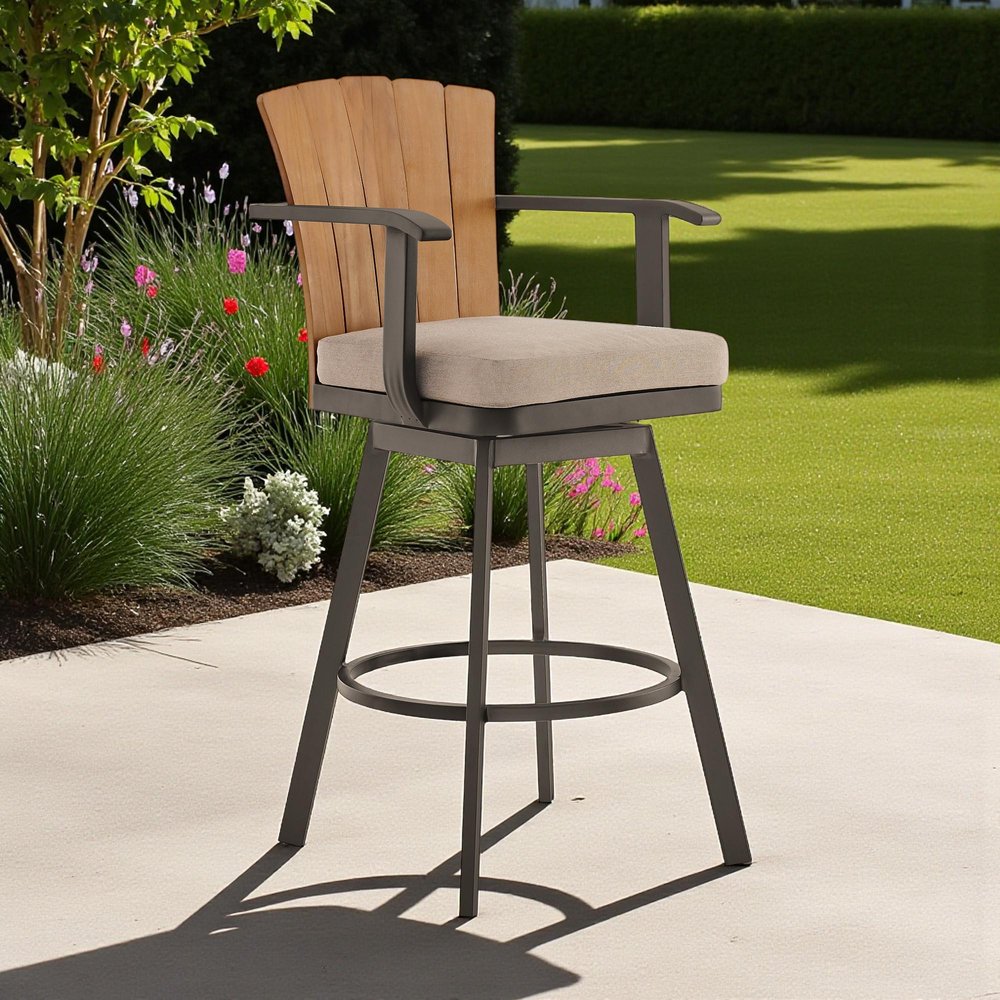 40" Brown Metal Swivel Outdoor Counter Height Bar chair with Footrest shown outdoors on a tiled patio with greenery.