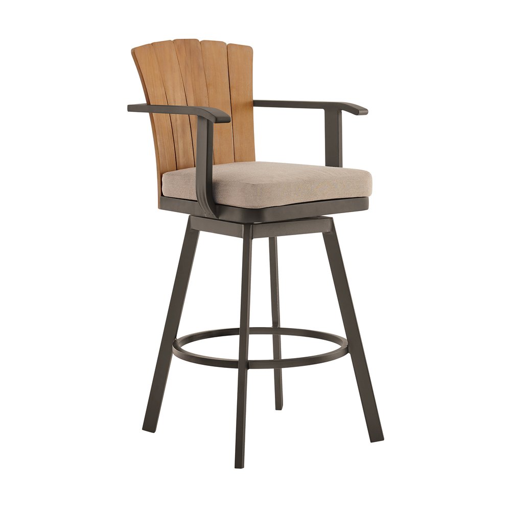 Brown metal swivel outdoor bar chair with wood-slatted back and beige cushion on white background.