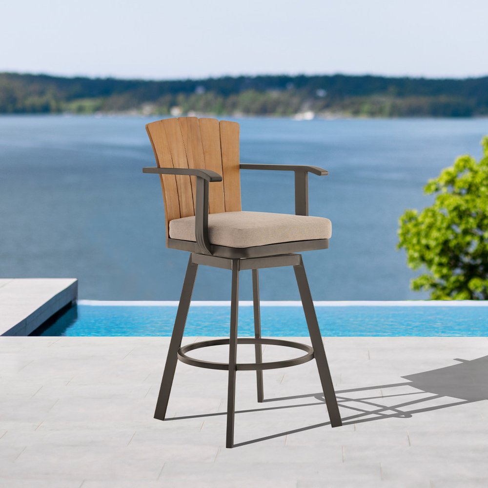 40" Brown Metal Swivel Outdoor Counter Height Bar chair with Footrest. Outdoor bar chair isolated on a plain white background, showing a metal surface.