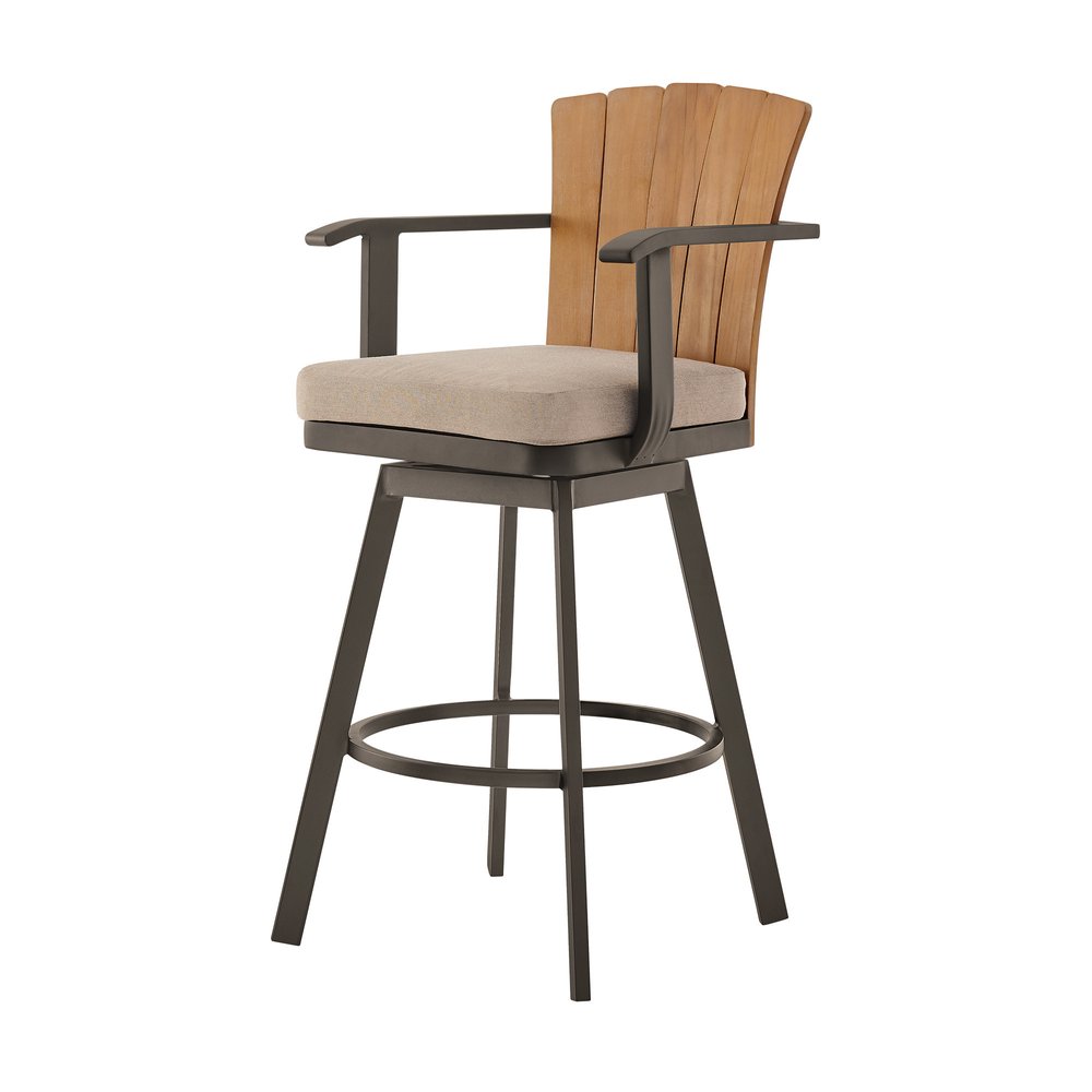 44" Brown Metal Swivel Outdoor Bar Height chair with Footrest. Outdoor bar chair isolated on a plain white background, showing a brown metal surface.