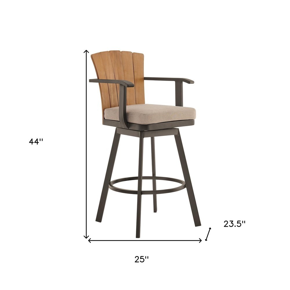 44" Brown Metal Swivel Outdoor Bar Height chair with Footrest. Outdoor bar chair isolated on a plain white background, showing a brown metal surface.