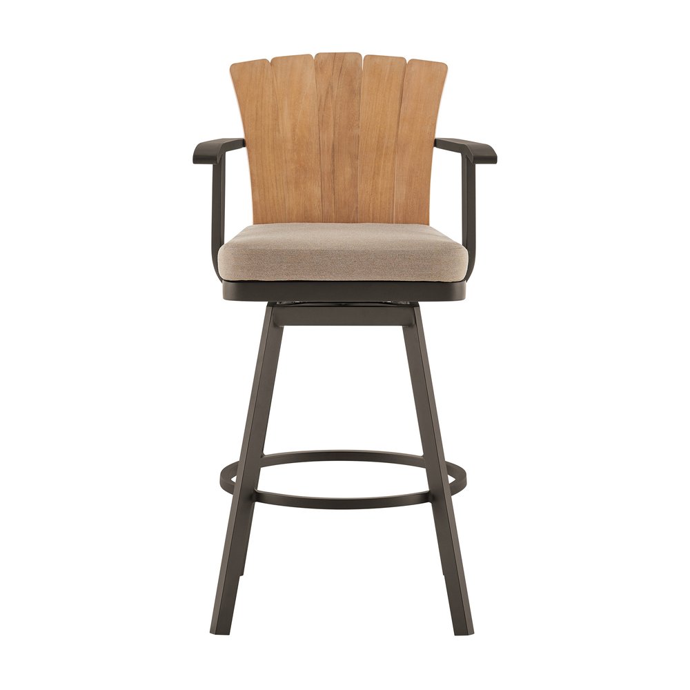 44" Brown Metal Swivel Outdoor Bar Height chair with Footrest. Outdoor bar chair isolated on a plain white background, in a brown metal finish.
