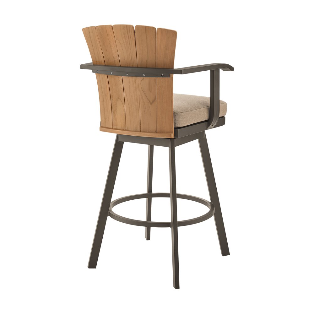 44" Brown Metal Swivel Outdoor Bar Height chair with Footrest. Outdoor bar chair isolated on a plain white background, showing a brown metal surface.