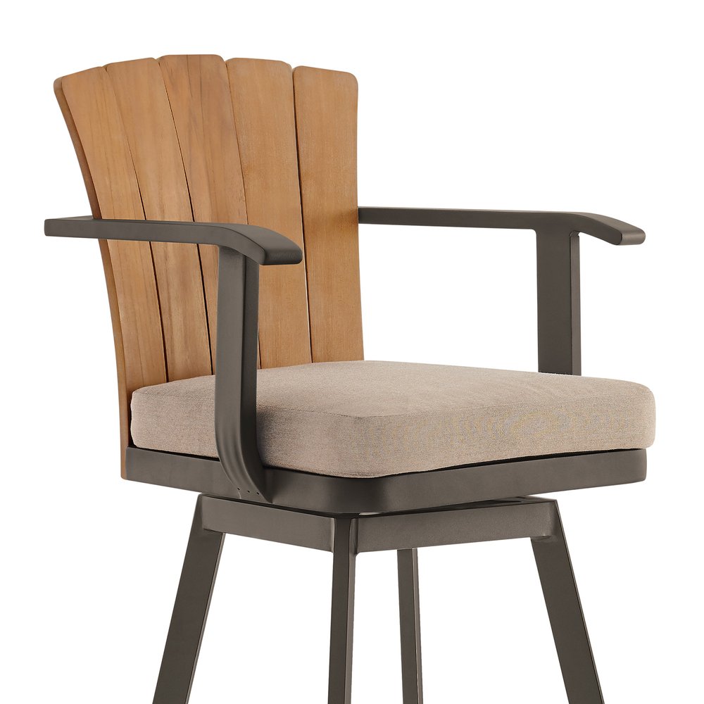 44" Brown Metal Swivel Outdoor Bar Height chair with Footrest. Outdoor bar chair isolated on a plain white background, in a brown metal finish.