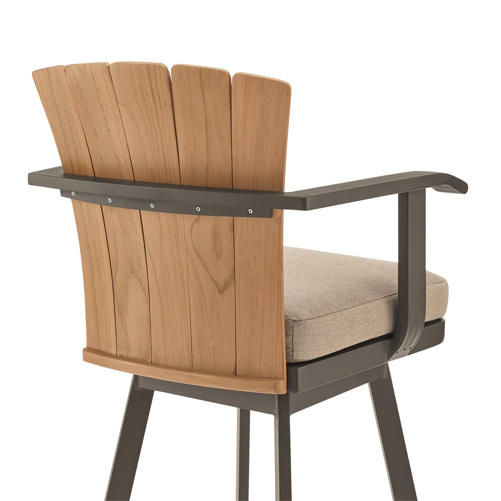 44" Brown Metal Swivel Outdoor Bar Height chair with Footrest. Outdoor bar chair isolated on a plain white background, finished in brown metal.