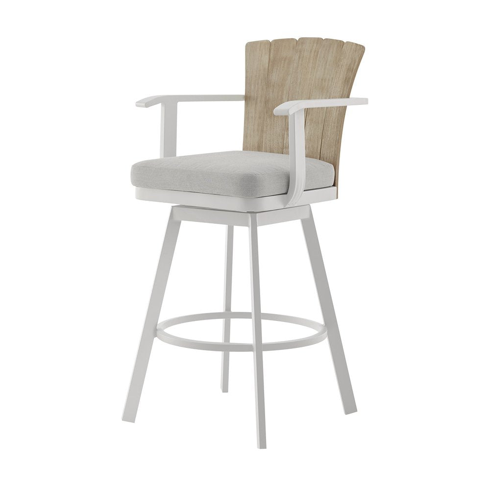40" Gray Metal Swivel Outdoor Counter Height Bar chair with Footrest. Outdoor bar chair isolated on a plain white background, in a gray metal finish.