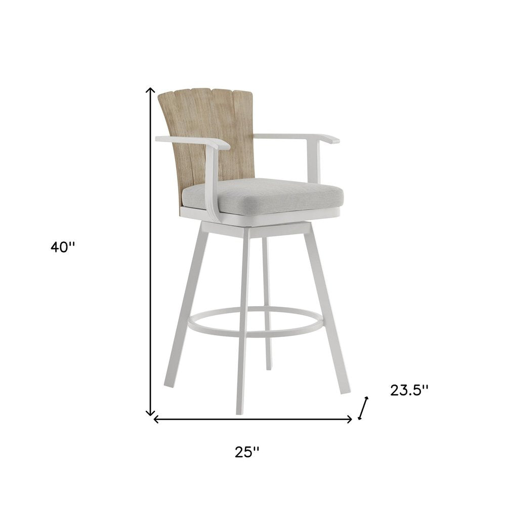 40" Gray Metal Swivel Outdoor Counter Height Bar chair with Footrest. Outdoor bar chair isolated on a plain white background, finished in gray metal.