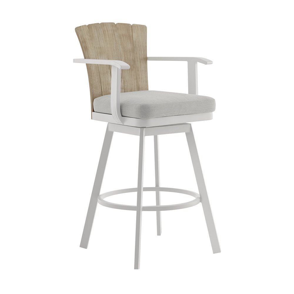 Gray metal swivel bar chair with a light wood paneled back and gray fabric seat on a white background.