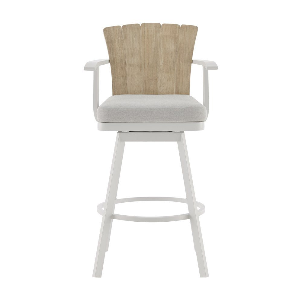 40" Gray Metal Swivel Outdoor Counter Height Bar chair with Footrest. Outdoor bar chair isolated on a plain white background, in a gray metal finish.