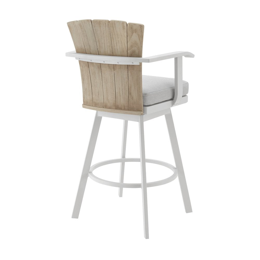 40" Gray Metal Swivel Outdoor Counter Height Bar chair with Footrest. Outdoor bar chair isolated on a plain white background, finished in gray metal.
