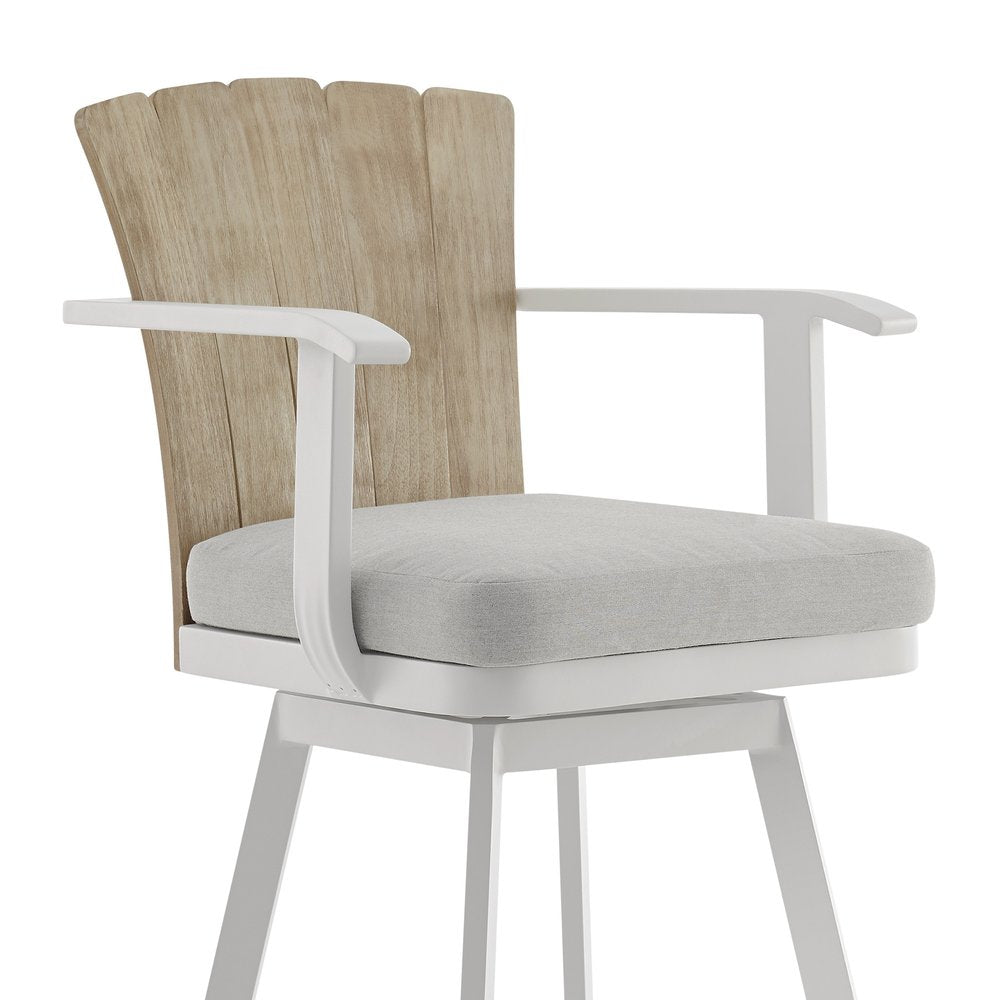 40" Gray Metal Swivel Outdoor Counter Height Bar chair with Footrest. Outdoor bar chair isolated on a plain white background, showing a gray metal surface.