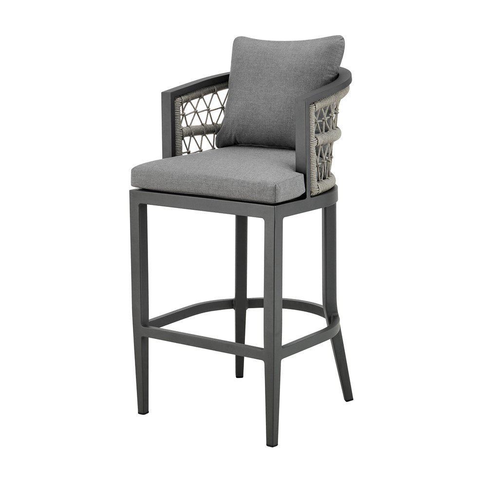 40" Gray Metal Outdoor Bar Height chair with Footrest. Outdoor bar chair isolated on a plain white background, showing a gray metal surface.