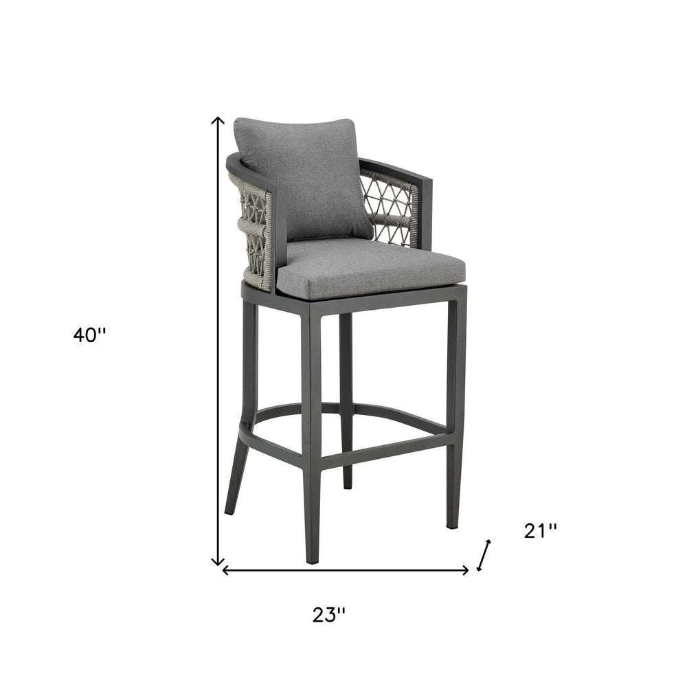 40" Gray Metal Outdoor Bar Height chair with Footrest. Outdoor bar chair isolated on a plain white background, in a gray metal finish.