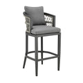 40" Gray Metal Outdoor Bar Height chair with Footrest. Outdoor bar chair isolated on a plain white background, showing a gray metal surface.