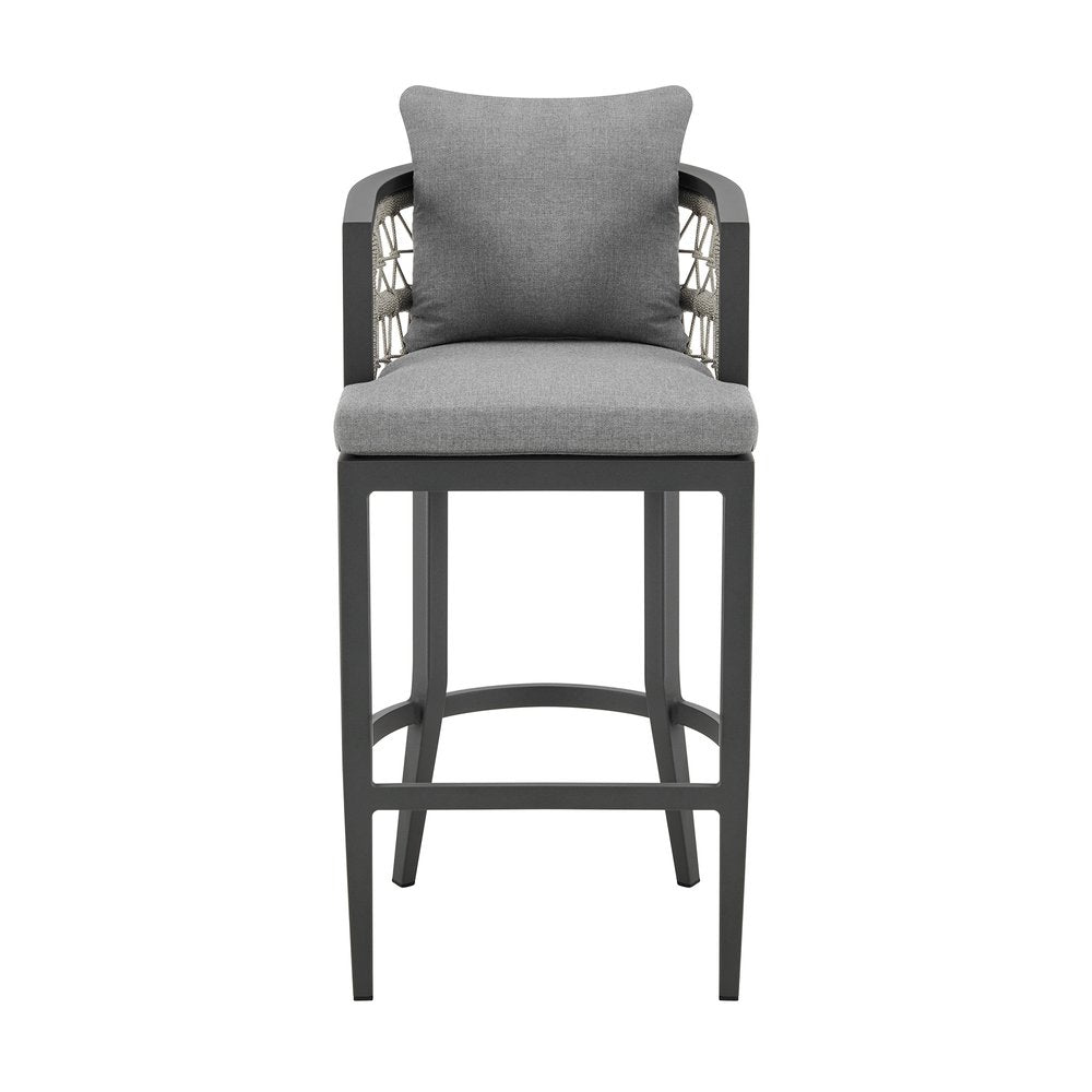 40" Gray Metal Outdoor Bar Height chair with Footrest. Outdoor bar chair isolated on a plain white background, showing a gray metal surface.
