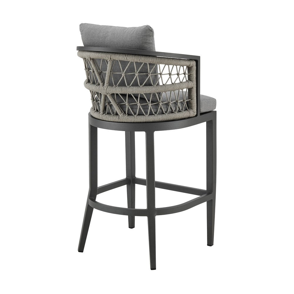40" Gray Metal Outdoor Bar Height chair with Footrest. Outdoor bar chair isolated on a plain white background, in a gray metal finish.