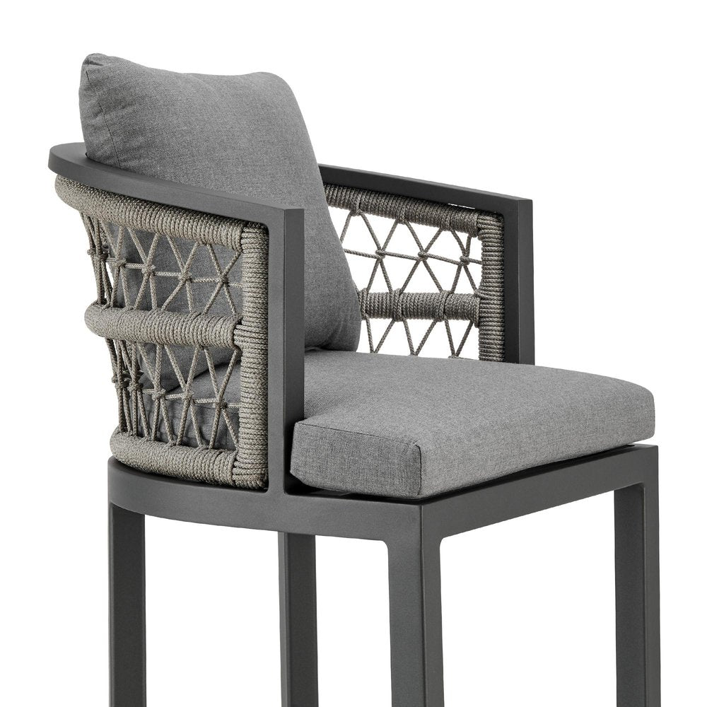 40" Gray Metal Outdoor Bar Height chair with Footrest. Outdoor bar chair isolated on a plain white background, finished in gray metal.