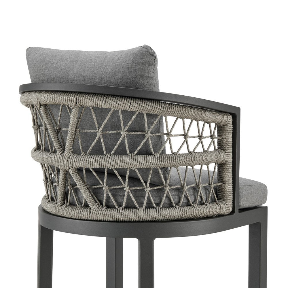 40" Gray Metal Outdoor Bar Height chair with Footrest. Outdoor bar chair isolated on a plain white background, in a gray metal finish.