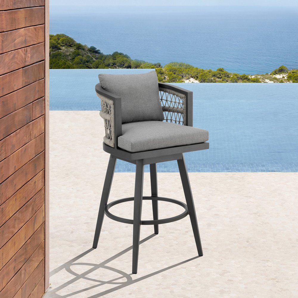 40" Gray Metal Swivel Outdoor Bar Height chair with Footrest.