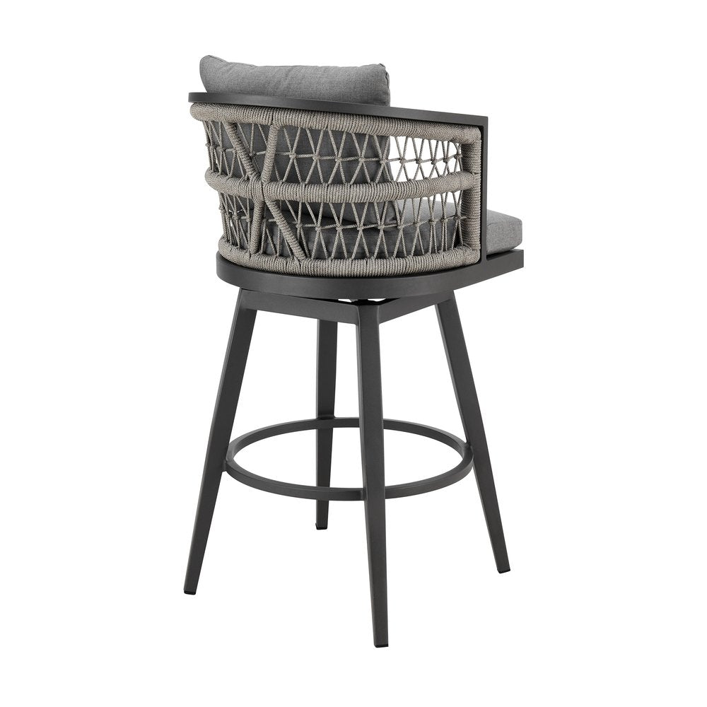 40" Gray Metal Swivel Outdoor Bar Height chair with Footrest. Outdoor bar chair isolated on a plain white background, in a gray metal finish.