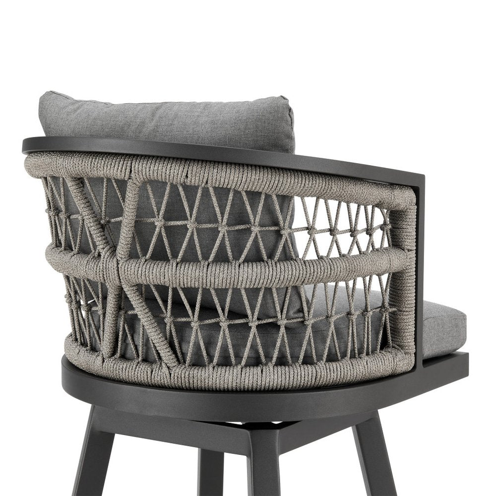 40" Gray Metal Swivel Outdoor Bar Height chair with Footrest. Outdoor bar chair isolated on a plain white background, in a gray metal finish.