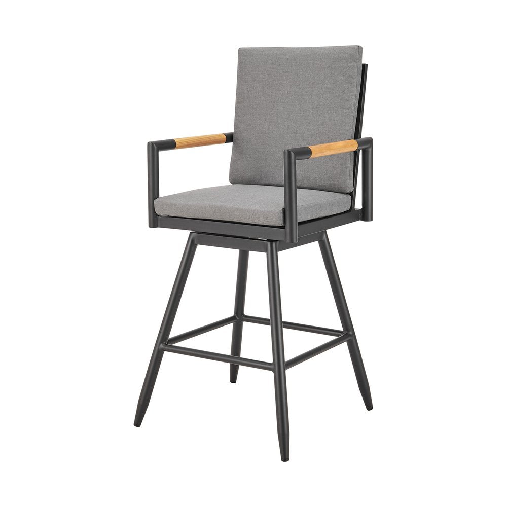 48" Dark Gray Metal Swivel Outdoor Bar Height chair with Footrest. Outdoor bar chair isolated on a plain white background, showing a charcoal metal surface.