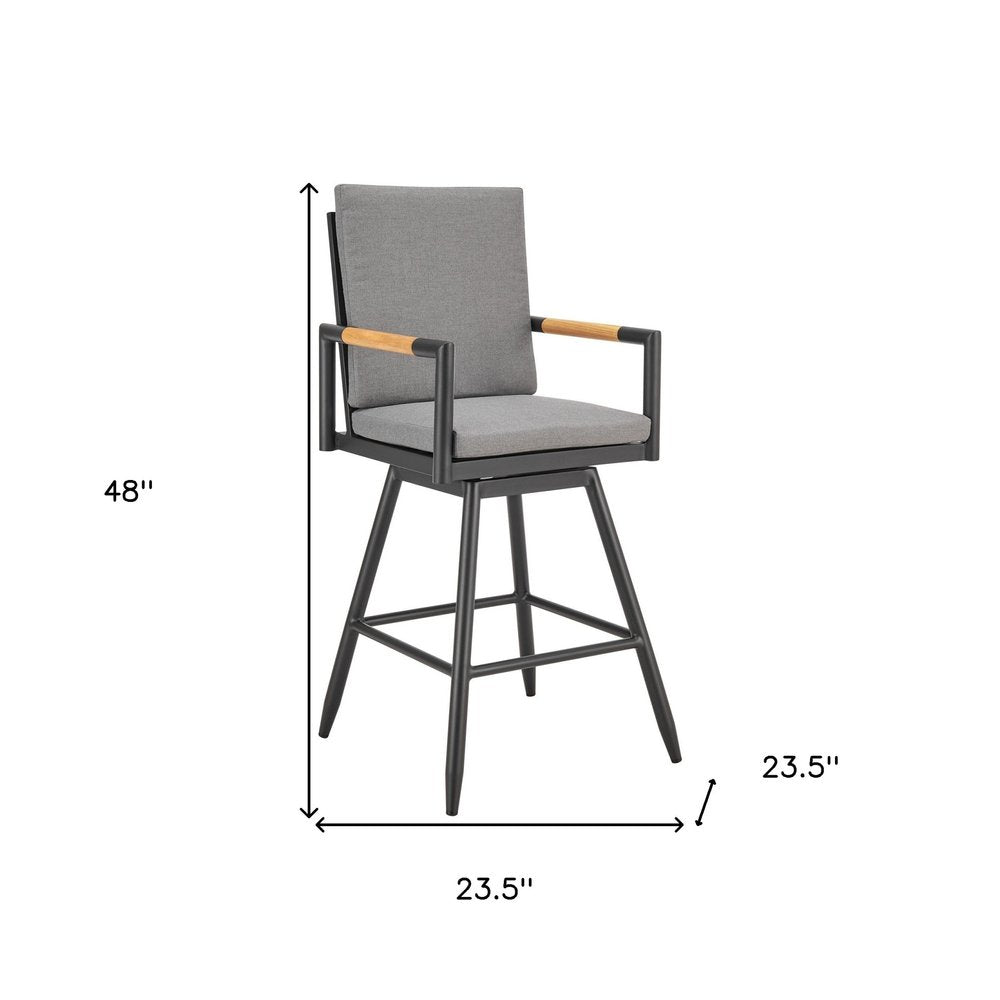 48" Dark Gray Metal Swivel Outdoor Bar Height chair with Footrest. Outdoor bar chair isolated on a plain white background, finished in charcoal metal.