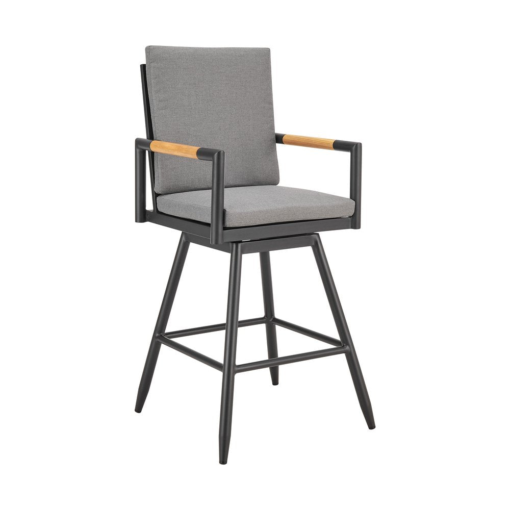 Dark gray metal swivel bar height chair with gray cushions and wooden armrests on a white background.