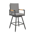 48" Dark Gray Metal Swivel Outdoor Bar Height chair with Footrest. Outdoor bar chair isolated on a plain white background, in a charcoal metal finish.