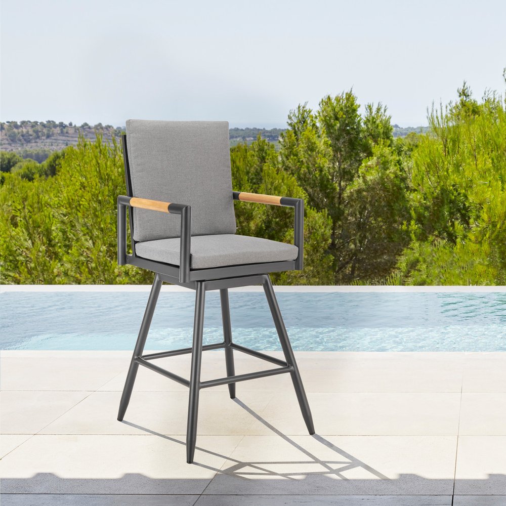 48" Dark Gray Metal Swivel Outdoor Bar Height chair with Footrest. Outdoor bar chair isolated on a plain white background, showing a charcoal metal surface.