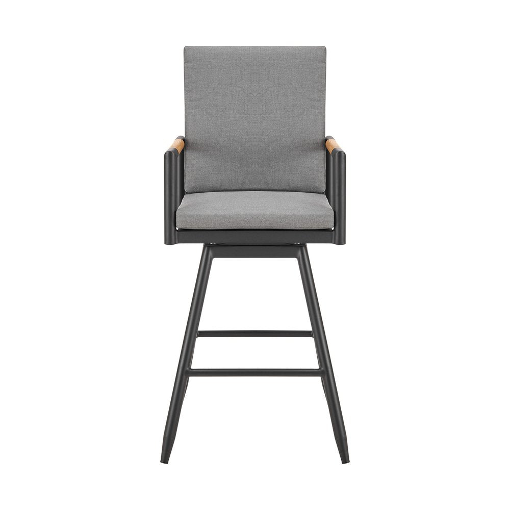 48" Dark Gray Metal Swivel Outdoor Bar Height chair with Footrest. Outdoor bar chair isolated on a plain white background, in a charcoal metal finish.