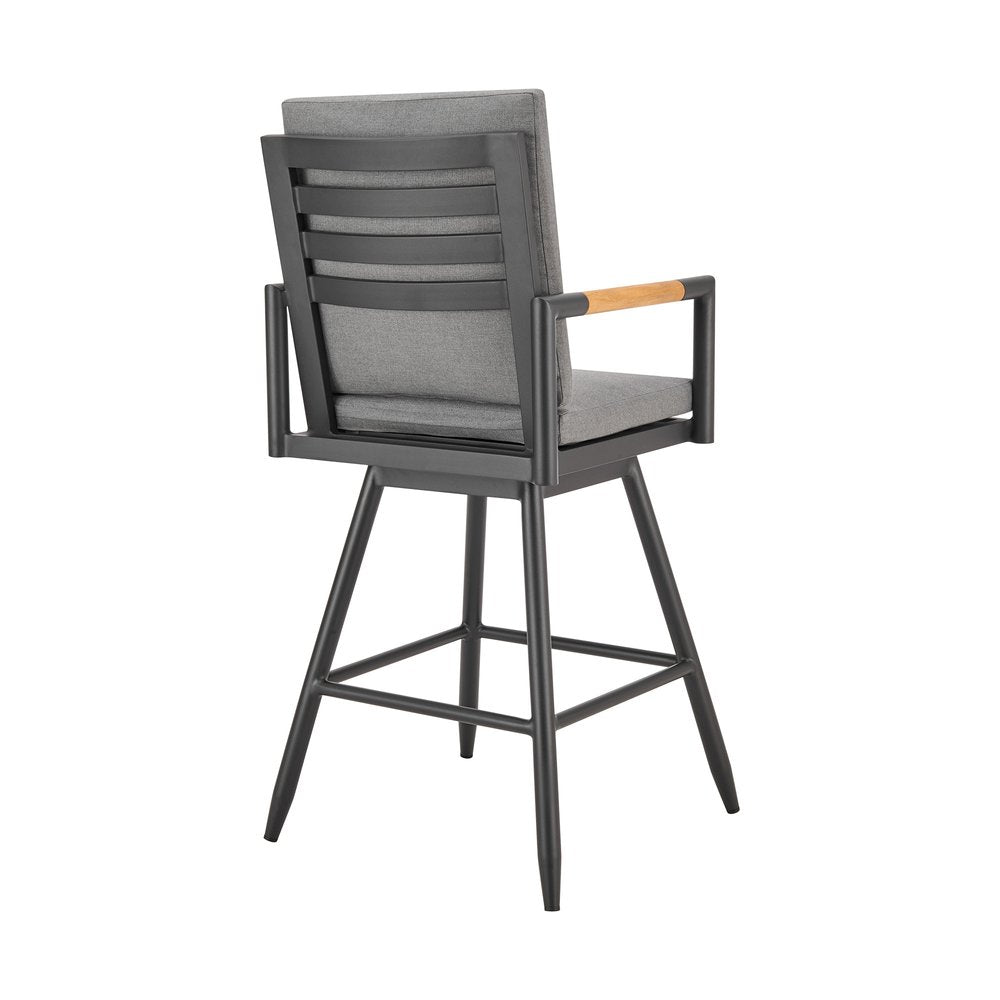 48" Dark Gray Metal Swivel Outdoor Bar Height chair with Footrest. Outdoor bar chair isolated on a plain white background, finished in charcoal metal.