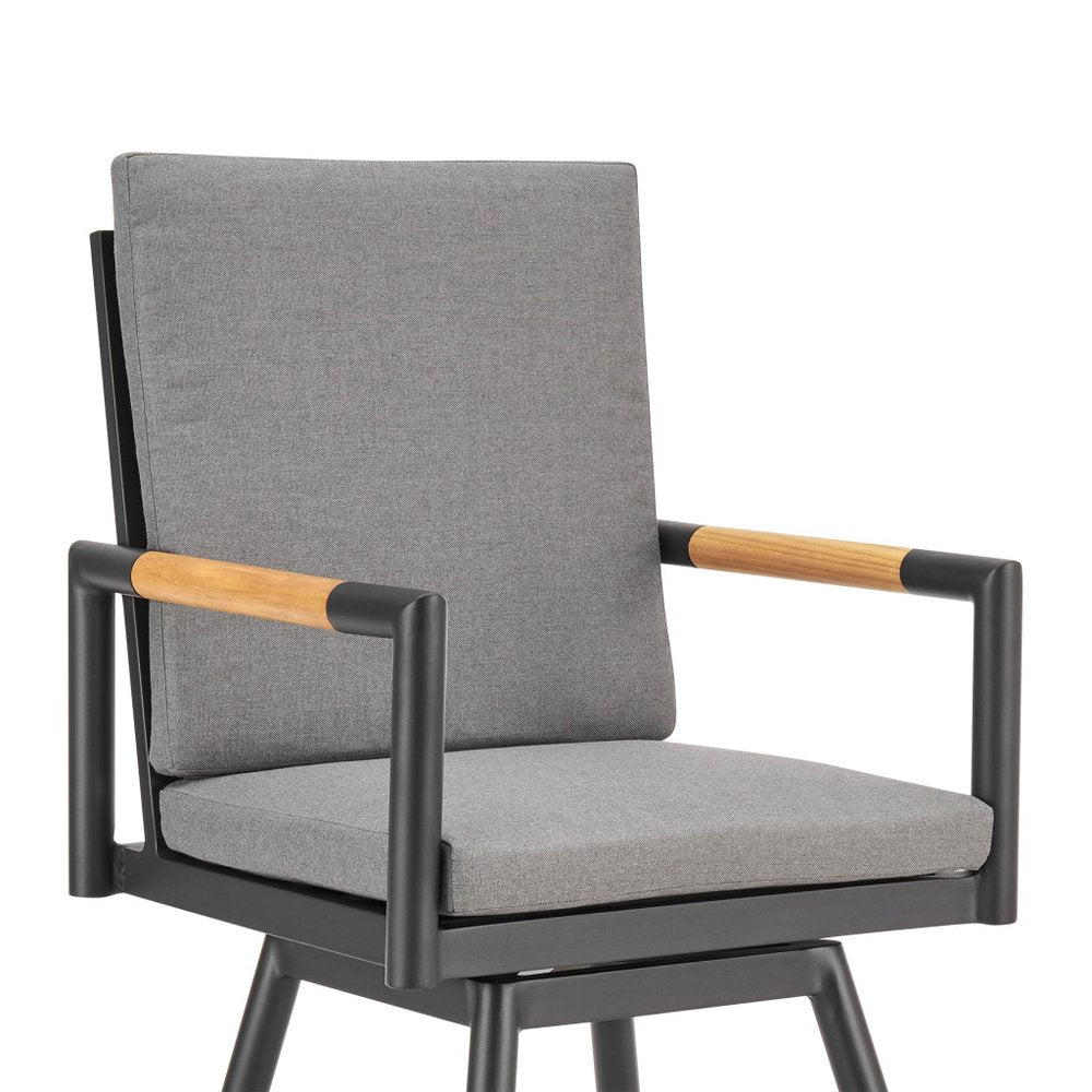 48" Dark Gray Metal Swivel Outdoor Bar Height chair with Footrest. Outdoor bar chair isolated on a plain white background, showing a charcoal metal surface.